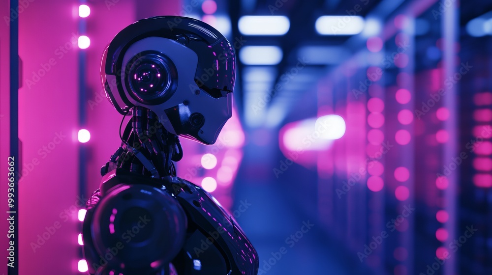 Robot Standing in Front of Data Center with Glowing Lights in Blue and Pink. AI generated illustration Robot Standing in Front of Data Center with Glowing Lights in Blue and Pink. AI generated illustration