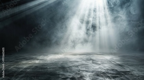 A dimly lit space with beams of light breaking through smoke, creating a dramatic atmosphere.
