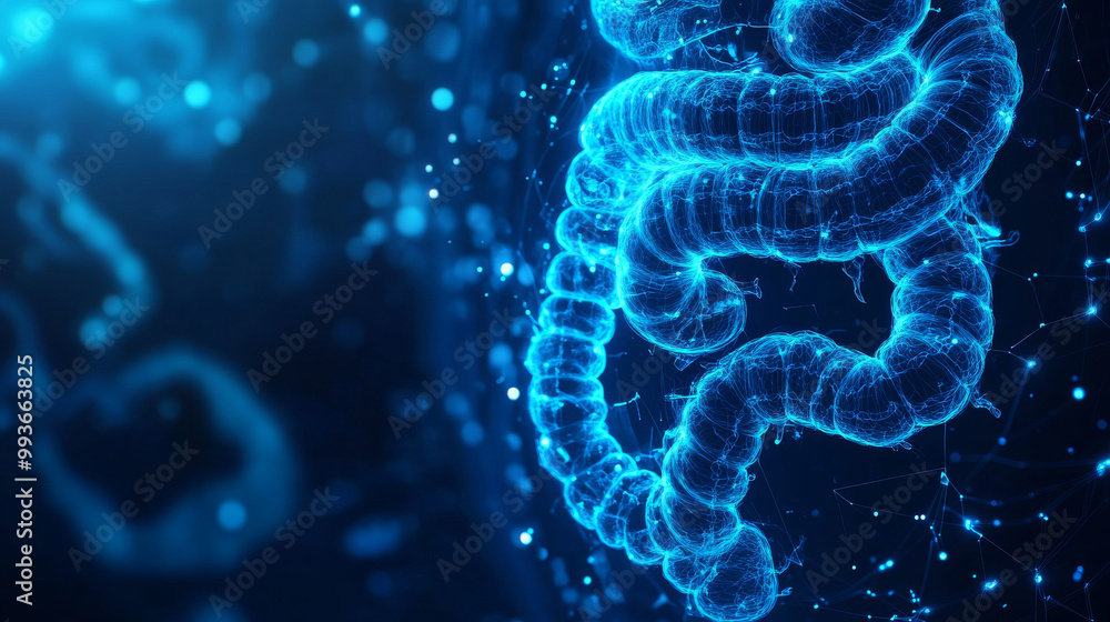 Ilustração do Stock: A blue screen shows a 3D image of the intestines ...