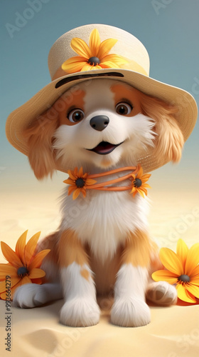 Adorable Puppy Wearing a Sun Hat with Bright Flowers in a Summer Setting