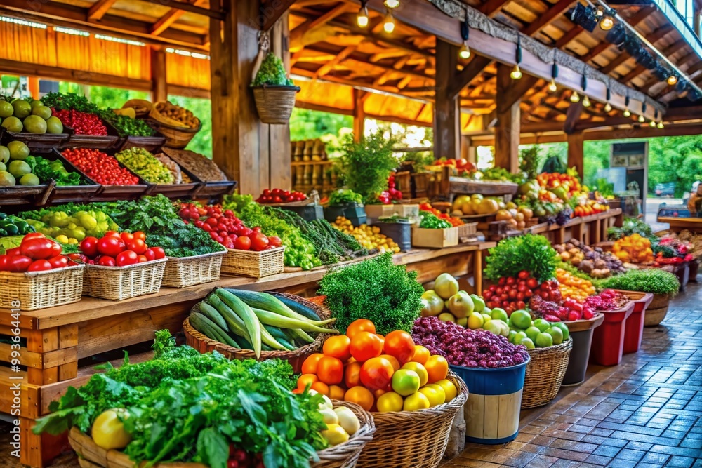 Vibrant Farmer's Market Display with Fresh Produce, Fruits, Vegetables, and Rustic Wooden Stalls Vibrant Farmer's Market Display with Fresh Produce, Fruits, Vegetables, and Rustic Wooden Stalls