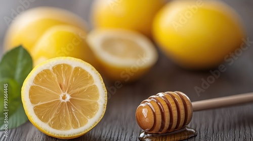 Close-up of a fresh lemon half with honey dripping from a dipper and whole lemons in the background on a wooden surface, epitomizing freshness and natural health benefits. photo