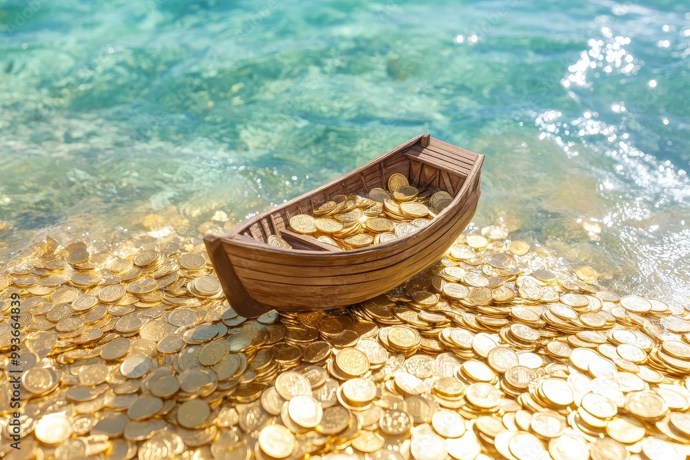 Obraz premium Aerial View of Wooden Ship Sailing on Ocean of Gold Coins
