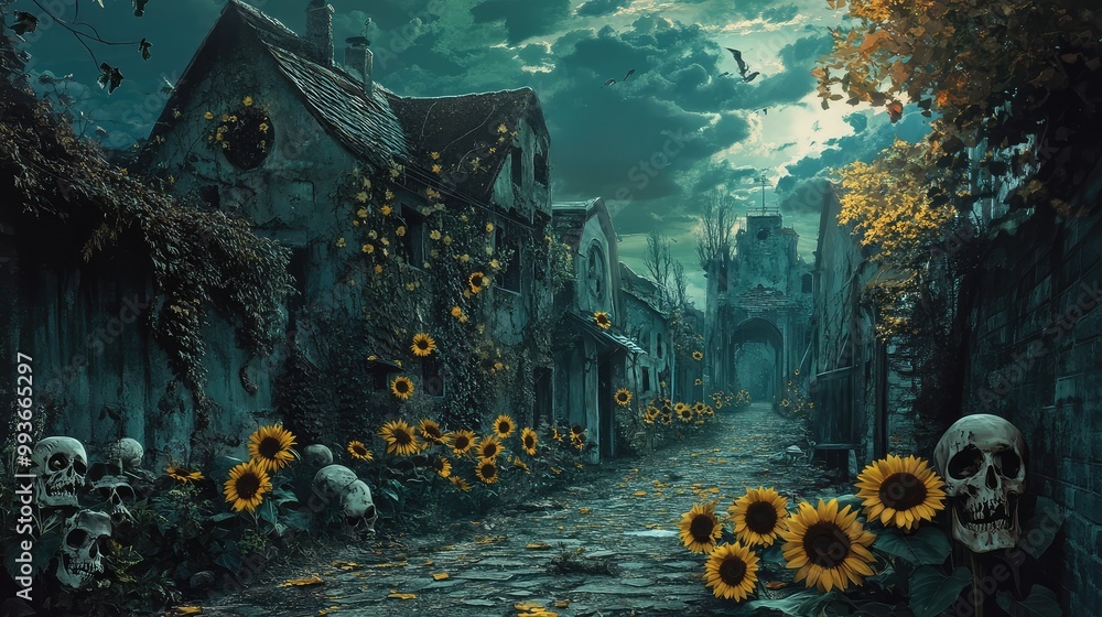 Obraz premium Realistic horror village with sunflowers blooming alongside skulls in the street, casting eerie shadows under a darkening sky