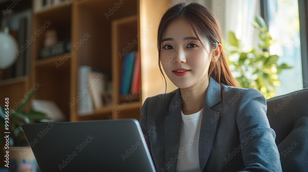 A professional woman sits at a laptop, smiling, in a cozy office setting surrounded by plants and books. A professional woman sits at a laptop, smiling, in a cozy office setting surrounded by plants and books.