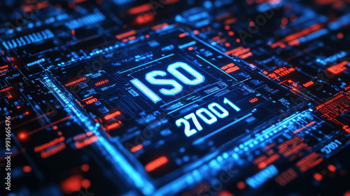 A 3D image showing the "ISO 27001" standard, which focuses on information security management.