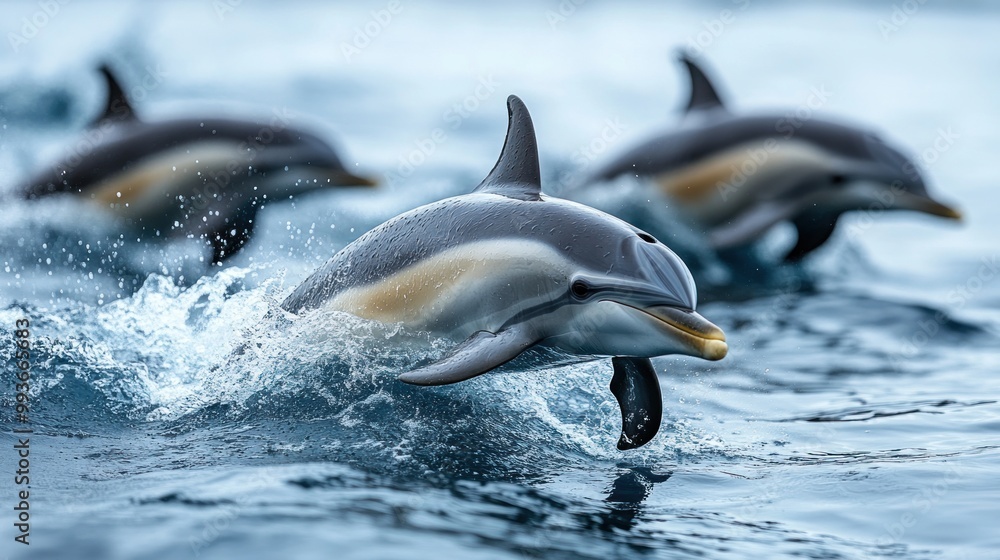 Obraz premium Dolphins Leaping through Waves