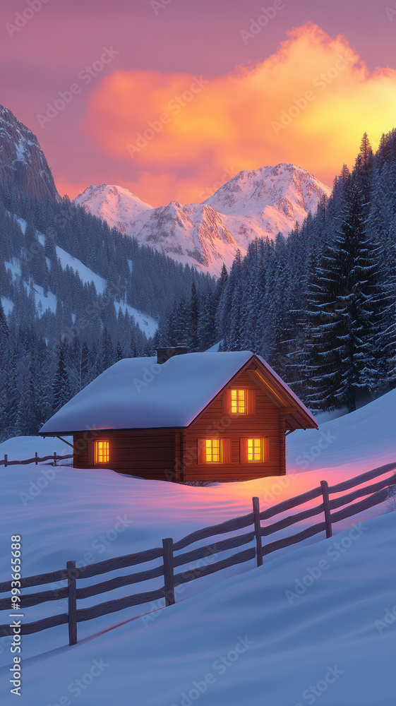 Fototapeta premium Cozy cabin in snow-covered mountains at sunset