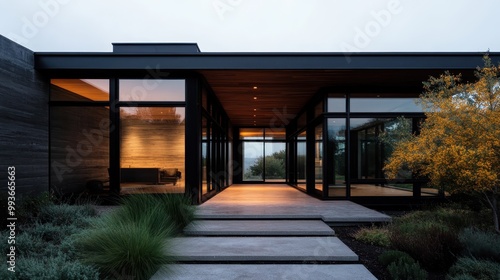 Wallpaper Mural The modern residence showcases a sleek design, featuring large glass walls, wooden ceilings, and a tranquil backyard with minimalist landscaping and evening warm light. Torontodigital.ca