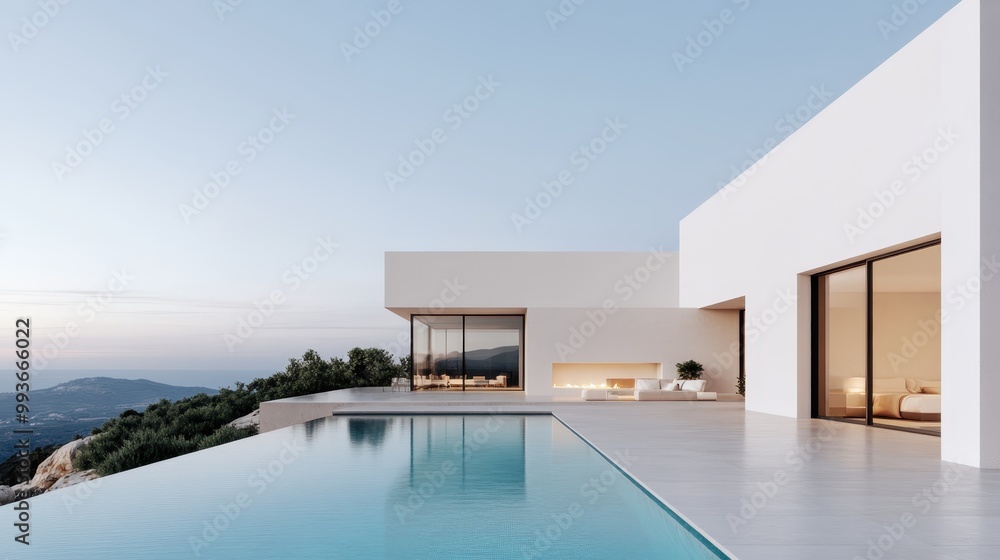 A stunning minimalist white house with an enormous infinity pool overlooking a breathtaking panoramic view of the landscape, perfect for luxury living and deep relaxation. A stunning minimalist white house with an enormous infinity pool overlooking a breathtaking panoramic view of the landscape, perfect for luxury living and deep relaxation.
