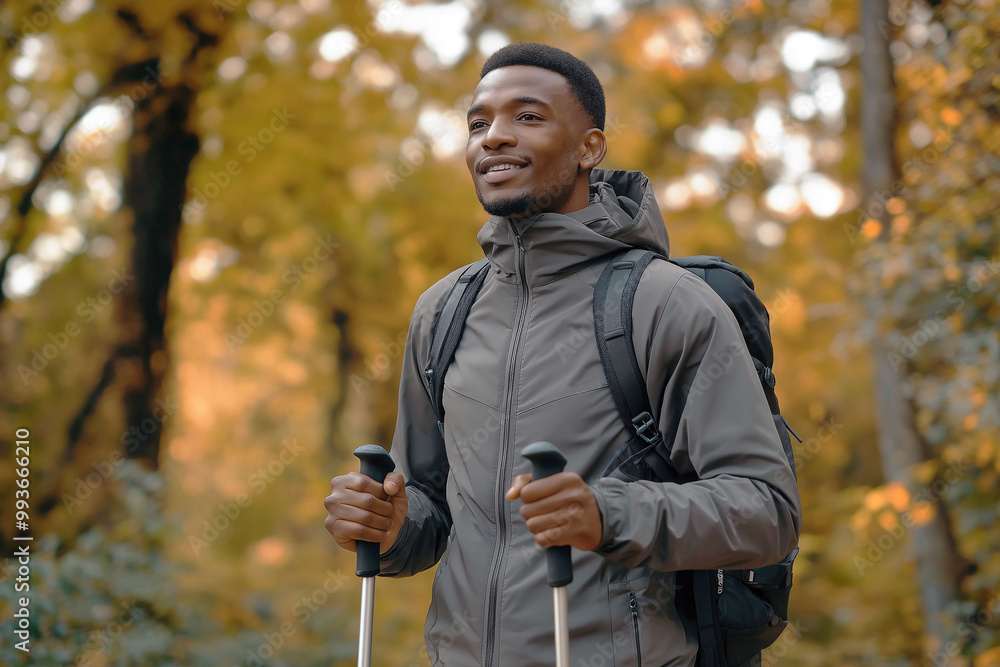 Obraz premium Close-up of a young man of African-American appearance, a man doing Nordic walking in an autumn park. Healthy lifestyle and fitness concept. Advertising banner.