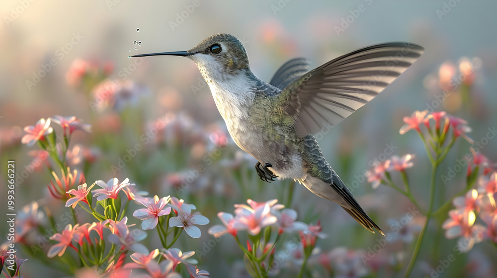 Fototapeta premium Hummingbird Hovering with Wings Spread Wide, Surrounded by Pink Flowers, with Copy Space
