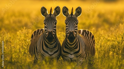 Two zebras standing in a golden grass field during sunset.