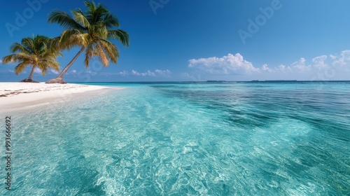 A breathtaking view of a tropical beach with turquoise transparent water, white sand, and lush palm trees, showcasing a serene and picturesque idyllic paradise for relaxation.