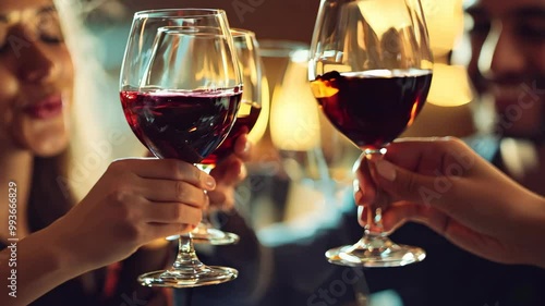 Hands holding wine glasses closeup, holiday celebration, red wine toast