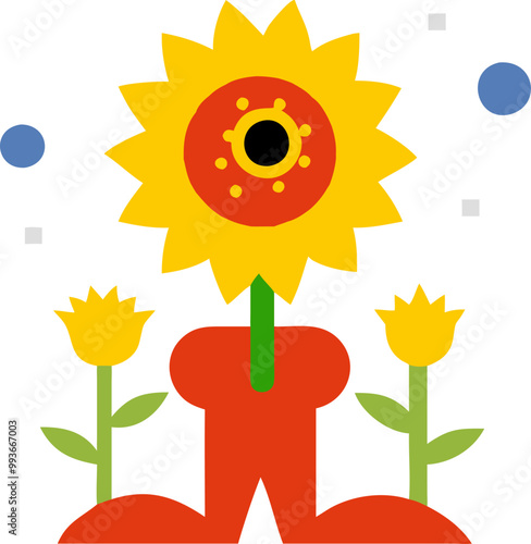 surreal and vibrant painting featuring a humanoid figure with a sunflower head the sunflower has
