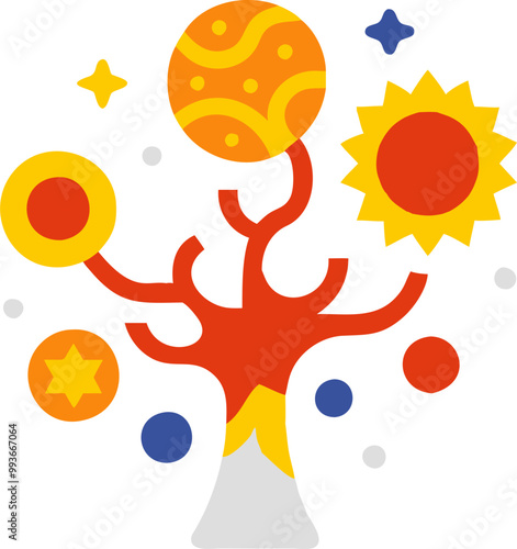 a cosmic tree of life towering majestically against a backdrop of swirling galaxies and stars, its
