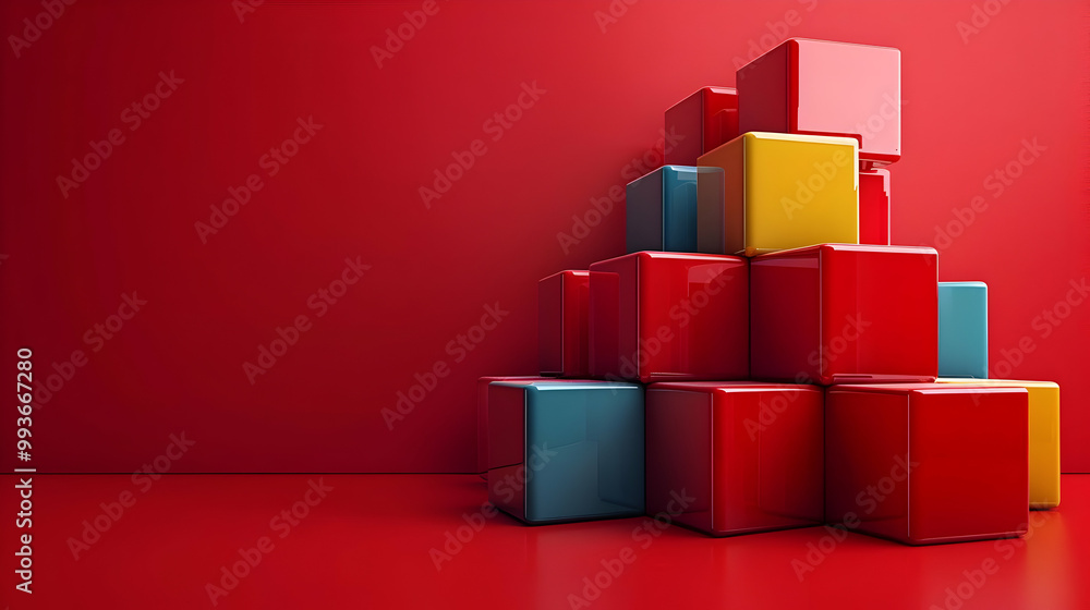 Red, Yellow, and Blue Cubes Stacked on Red Background with Copy Space Red, Yellow, and Blue Cubes Stacked on Red Background with Copy Space