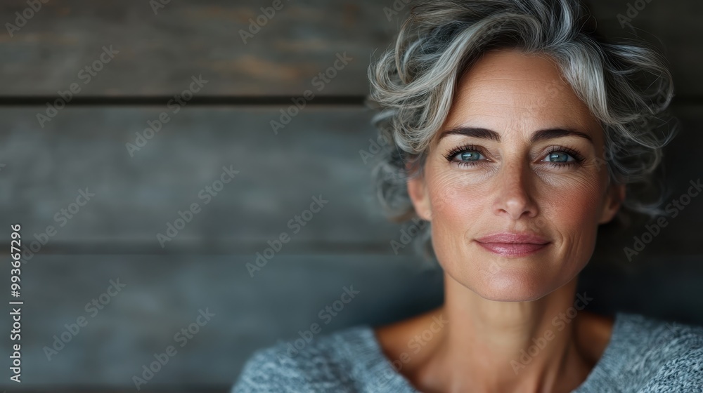 A woman with gray wavy hair, wearing a soft grey sweater, smiles softly, radiating contentment and elegance, with a relaxed demeanor in comforting surroundings. A woman with gray wavy hair, wearing a soft grey sweater, smiles softly, radiating contentment and elegance, with a relaxed demeanor in comforting surroundings.