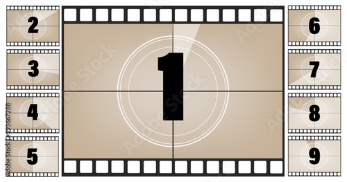 Vintage retro cinema. Countdown frame. Art design. Old film movie timer count.	

