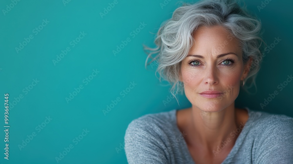 Beautiful mature woman with short gray hair and a calm expression poses against a vibrant teal background, embodying elegance and confidence in style. Beautiful mature woman with short gray hair and a calm expression poses against a vibrant teal background, embodying elegance and confidence in style.