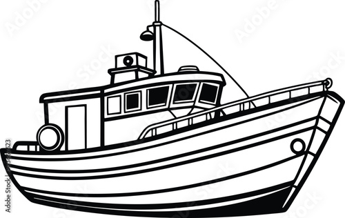 Fishing boat line art silhouette vector illustration on white background.