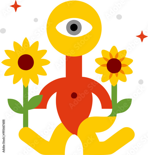surreal and vibrant painting featuring a humanoid figure with a sunflower head the sunflower has
