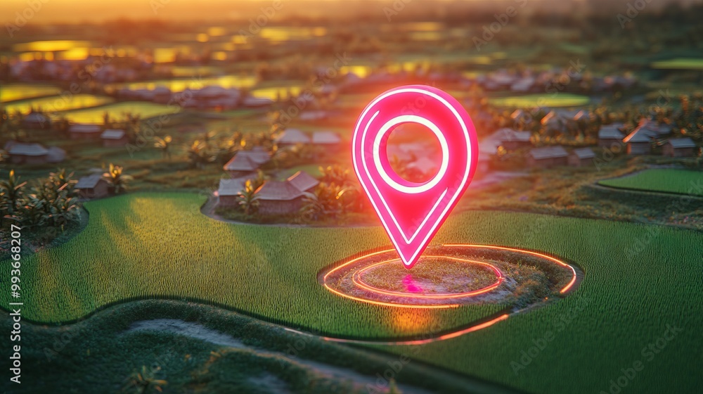 Neon Map Pin Icon Over Aerial View of Rice Fields at Sunset. AI generated illustration Neon Map Pin Icon Over Aerial View of Rice Fields at Sunset. AI generated illustration
