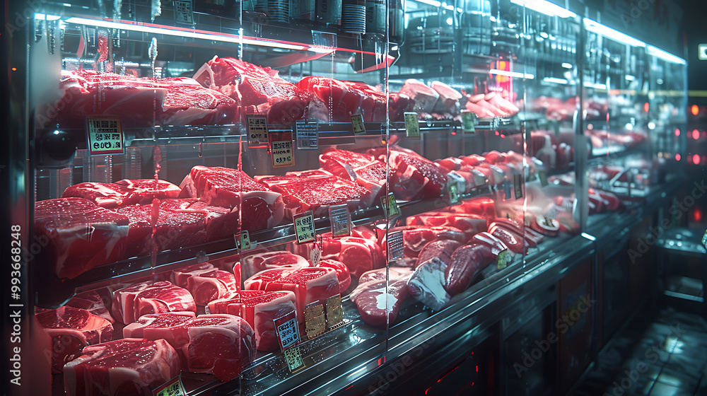 Meat aisle with various cuts displayed in a refrigerated grocery section. close-up of a meat fridge in a grocery store filled with various cuts of fresh meat various cuts of beef, pork and other meats Meat aisle with various cuts displayed in a refrigerated grocery section. close-up of a meat fridge in a grocery store filled with various cuts of fresh meat various cuts of beef, pork and other meats