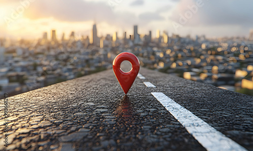 map pin on the modern road leading to modern big city