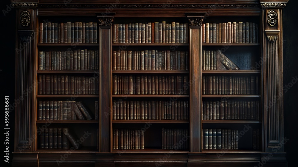 Classical Wooden Bookcase Filled with Books Against Dark Background. AI generated illustration Classical Wooden Bookcase Filled with Books Against Dark Background. AI generated illustration