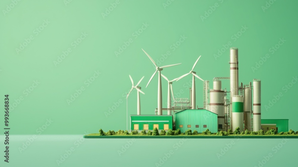 View of Modern industrial facility with wind turbines, representing renewable ...
