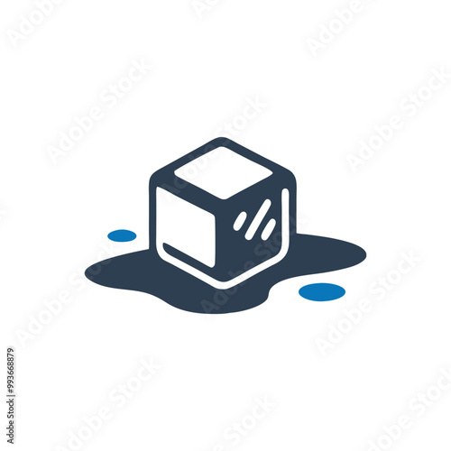 Melting Ice Cube Icon, Melting Ice Cube With Puddle Vector Icon
