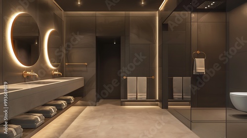 Modern restroom featuring slimmer lighting mirrors and towels