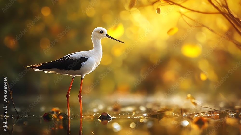 Obraz premium A black-winged stilt bird stands in a shallow pond with a blurred background of golden foliage.