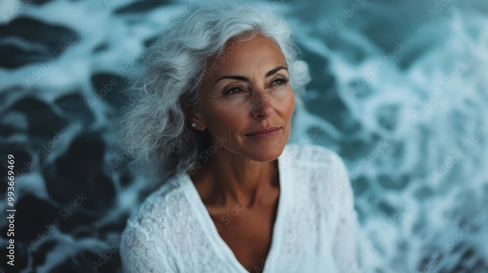 A graceful woman with gray hair stands by the ocean, seemingly lost in thought, while the waves crash powerfully behind her, evoking calmness and introspection. A graceful woman with gray hair stands by the ocean, seemingly lost in thought, while the waves crash powerfully behind her, evoking calmness and introspection.