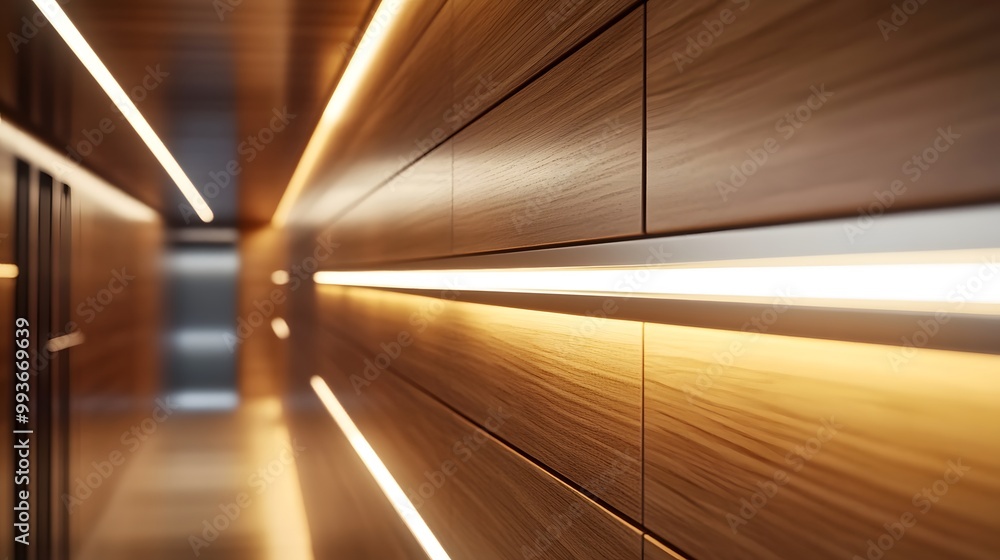 Modern hallway with wooden walls and LED lighting. Modern hallway with wooden walls and LED lighting.