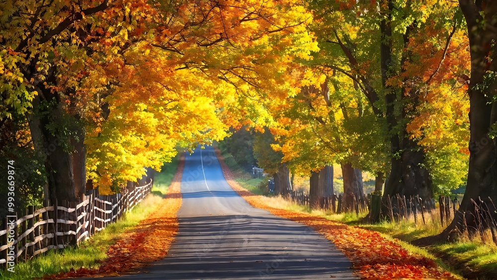 Naklejka premium Vivid country road during autumn with colorful foliage, countryside scenery, travel inspiration