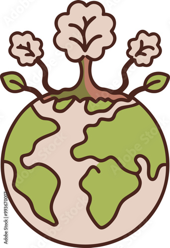 green world with the image of the globe, growing trees with roots, symbolizing care for nature and