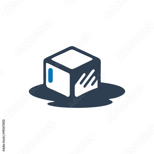 Melting Ice Cube Icon, Melting Ice Cube With Puddle Vector Icon