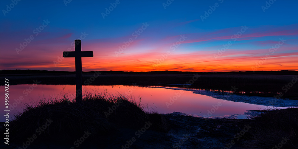 Cross at Sunset in a Serene Landscape Cross at Sunset in a Serene Landscape