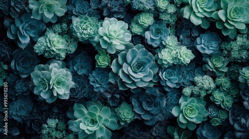 A densely packed collection of assorted green and blue succulent plants displayed closely together, highlighting their unique shapes, sizes, and textures against a soft background.