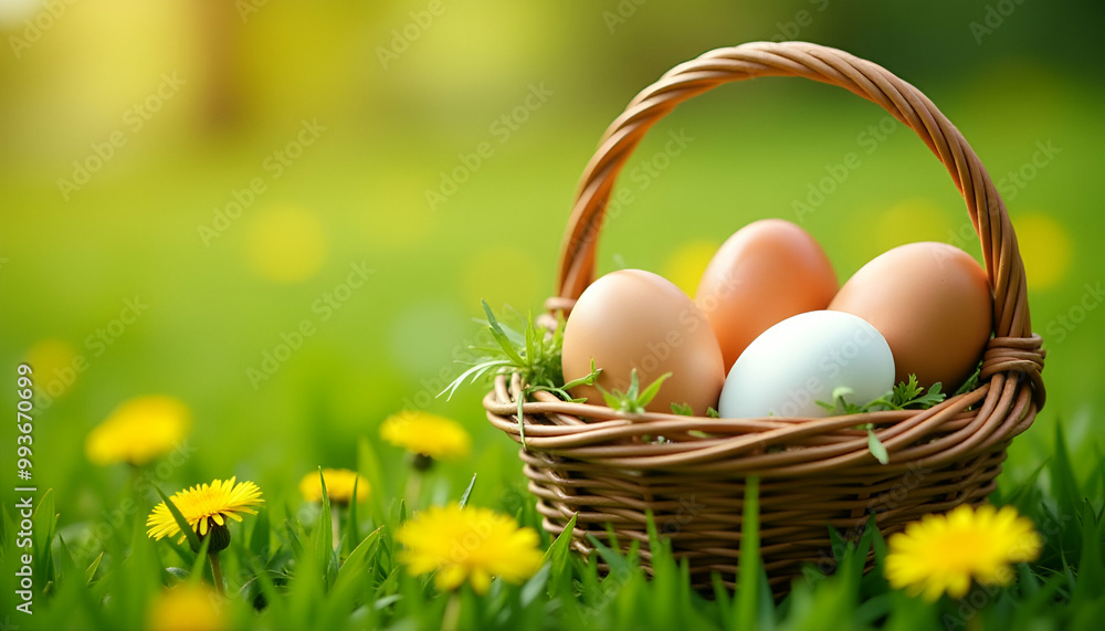 A wicker basket filled with various chicken eggs, including brown eggs, sitting on a grassy field with yellow dandelion flowers in the background A wicker basket filled with various chicken eggs, including brown eggs, sitting on a grassy field with yellow dandelion flowers in the background