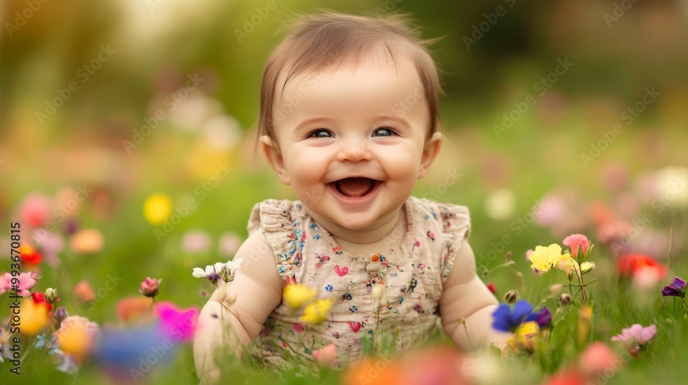 A baby with a big, adorable grin, wearing a cute outfit, sitting on a grassy lawn surrounded by colorful flowers, creating a joyful spring vibe. A baby with a big, adorable grin, wearing a cute outfit, sitting on a grassy lawn surrounded by colorful flowers, creating a joyful spring vibe.