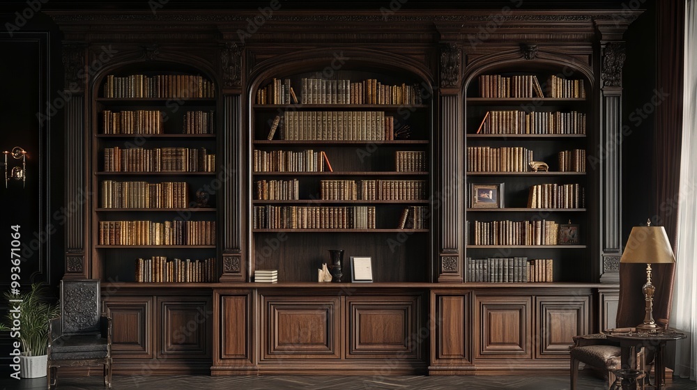Classical Wooden Bookcase Filled with Books Against Dark Background. AI generated illustration Classical Wooden Bookcase Filled with Books Against Dark Background. AI generated illustration