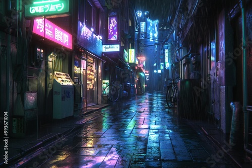 Cyberpunk Street in Tokyo at Night with Neon Signs. AI generated illustration