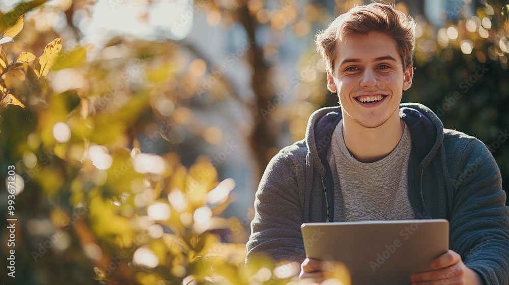 A smiling young man sits outdoors with a tablet, surrounded by greenery and warm sunlight. A smiling young man sits outdoors with a tablet, surrounded by greenery and warm sunlight.