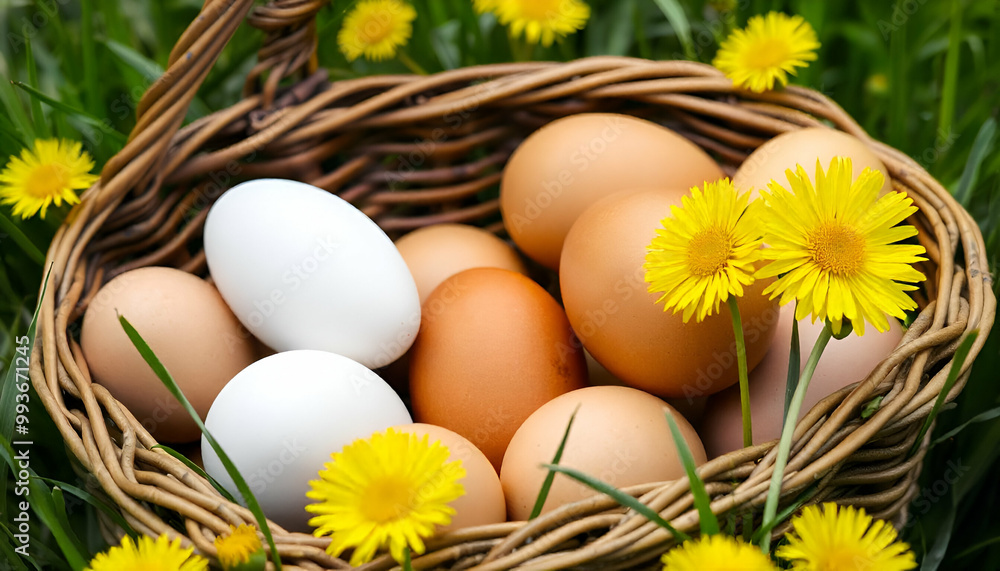 A wicker basket filled with various chicken eggs, including brown eggs, sitting on a grassy field with yellow dandelion flowers in the background A wicker basket filled with various chicken eggs, including brown eggs, sitting on a grassy field with yellow dandelion flowers in the background