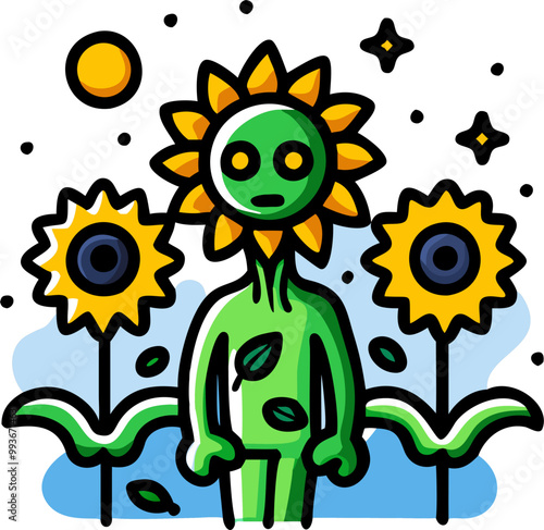 surreal and vibrant painting featuring a humanoid figure with a sunflower head the sunflower has