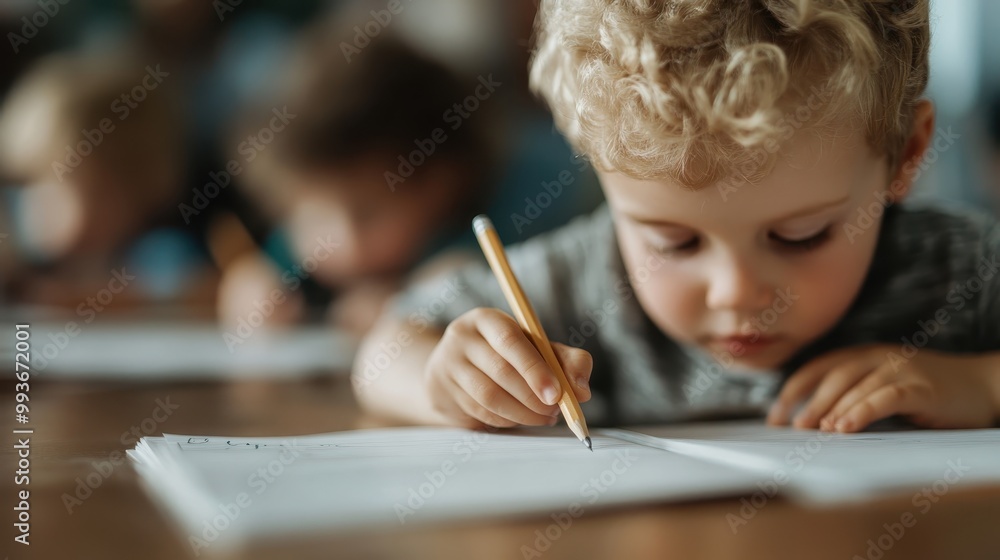 A young child with curly blonde hair deeply focused on a school assignment, holding a pencil amidst a classroom environment filled with other students. A young child with curly blonde hair deeply focused on a school assignment, holding a pencil amidst a classroom environment filled with other students.